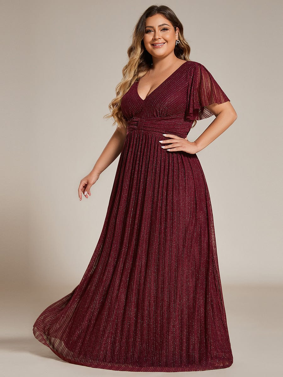 Plus Size Sparkle Short Sleeves Formal Evening Dress with V-Neck #color_Burgundy