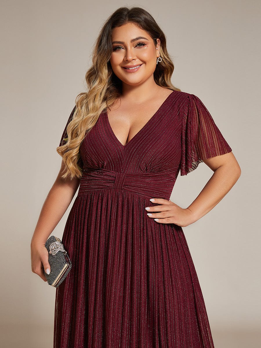 Plus Size Sparkle Short Sleeves Formal Evening Dress with V-Neck #color_Burgundy