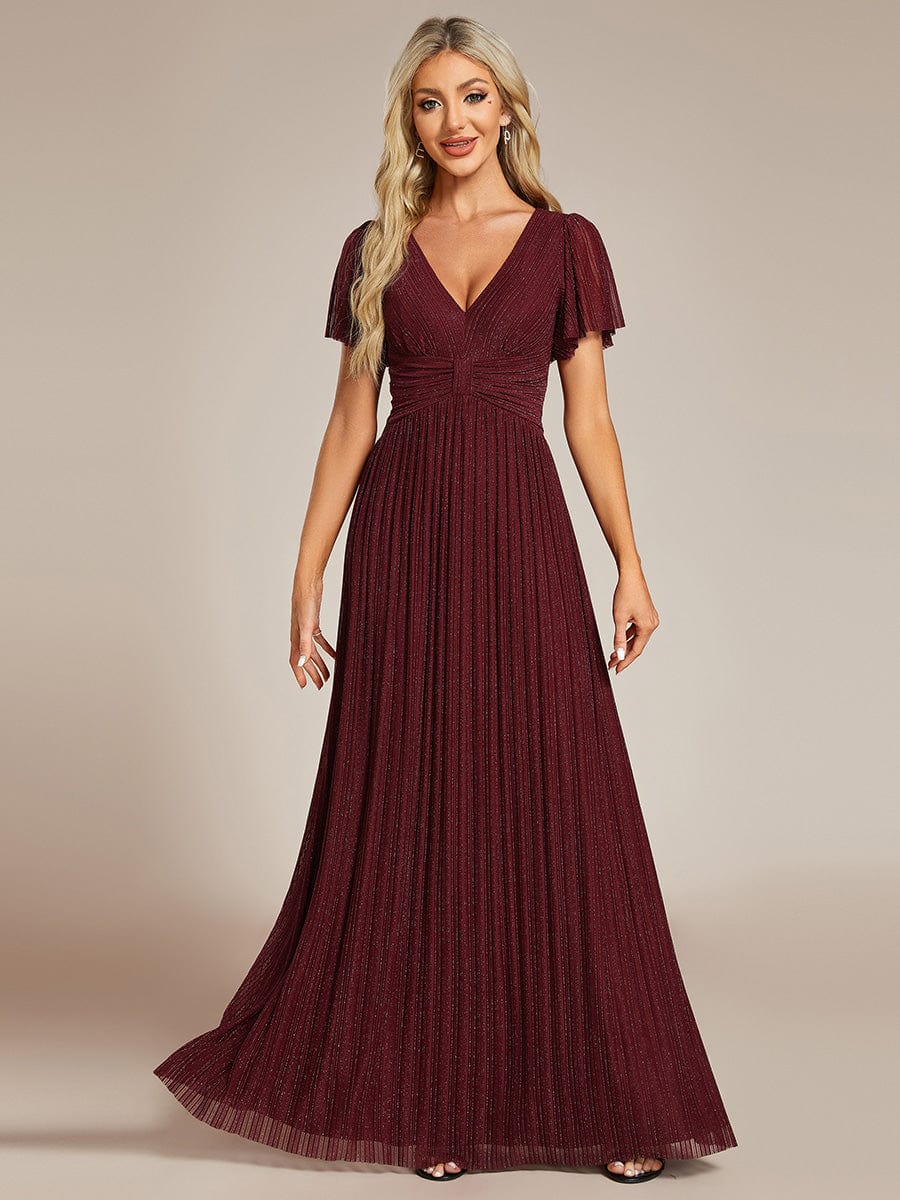 Sparkle Short Sleeves Formal Evening Dress with V-Neck #color_Burgundy