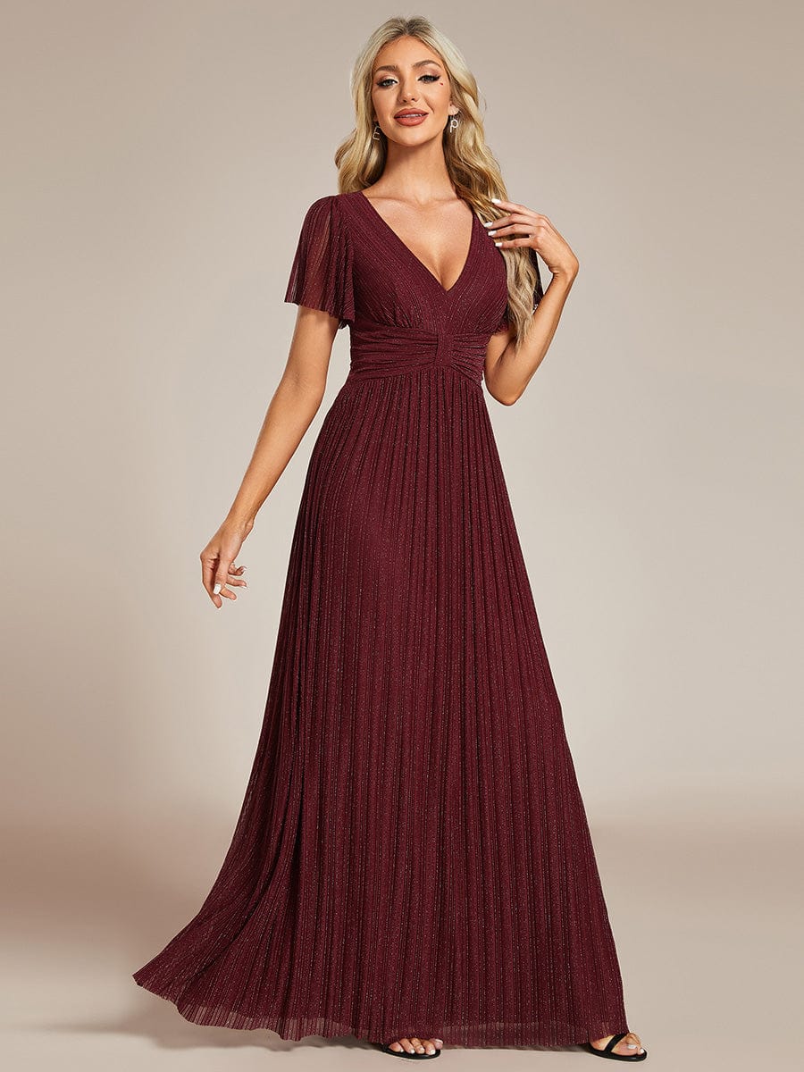 Sparkle Short Sleeves Formal Evening Dress with V-Neck #color_Burgundy