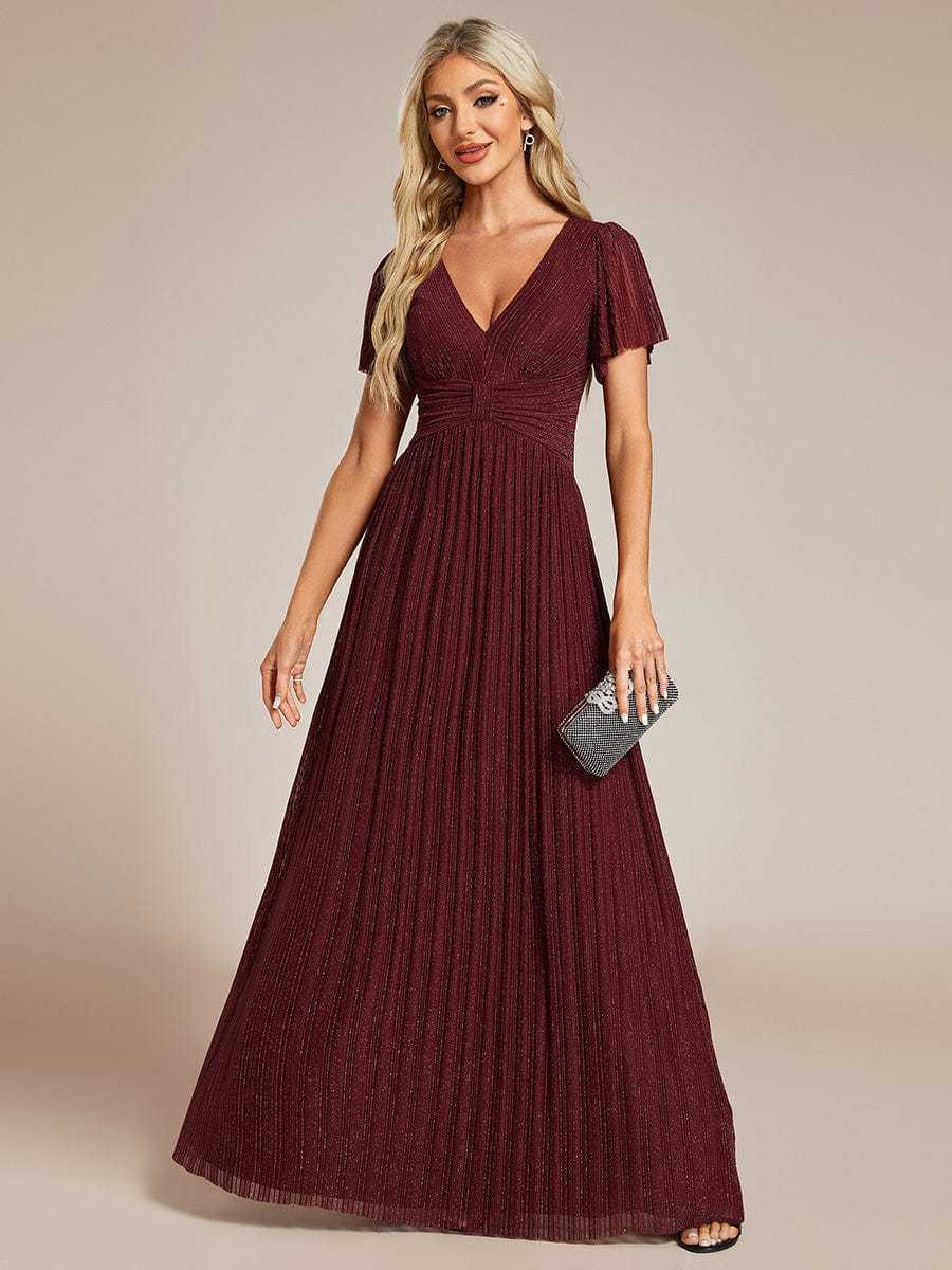 Sparkle Short Sleeves Formal Evening Dress with V-Neck #color_Burgundy