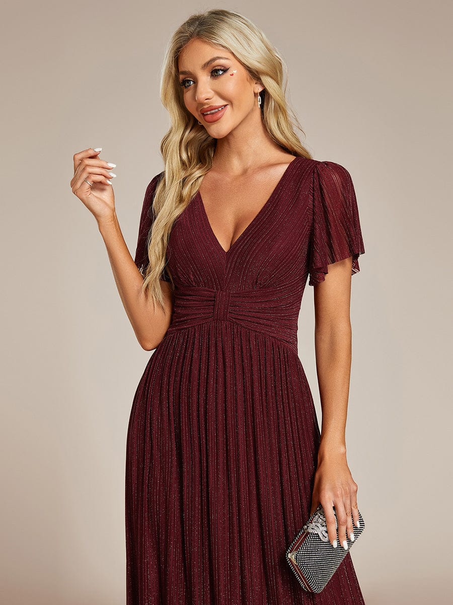 Sparkle Short Sleeves Formal Evening Dress with V-Neck #color_Burgundy