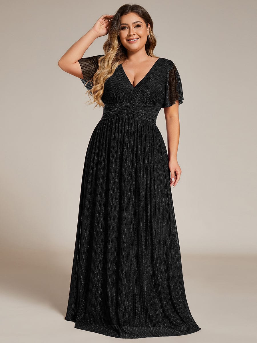 Plus Size Sparkle Short Sleeves Formal Evening Dress with V-Neck #color_Black