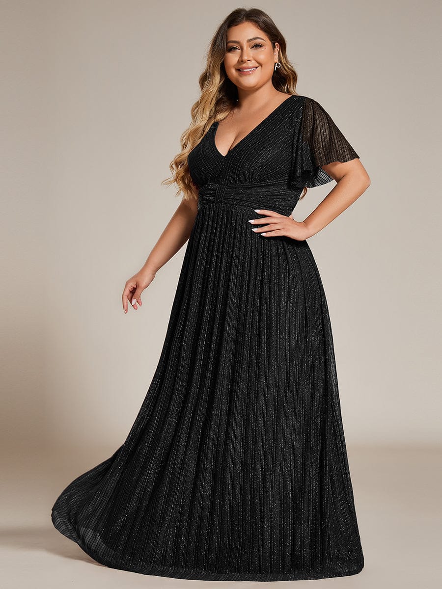 Plus Size Sparkle Short Sleeves Formal Evening Dress with V Neck