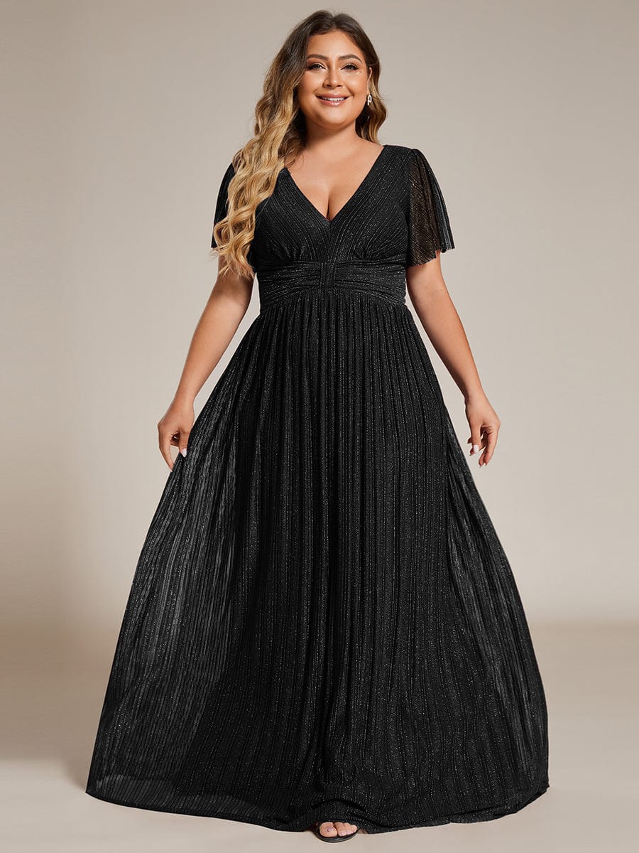Plus Size Sparkle Short Sleeves Formal Evening Dress with V-Neck #color_Black