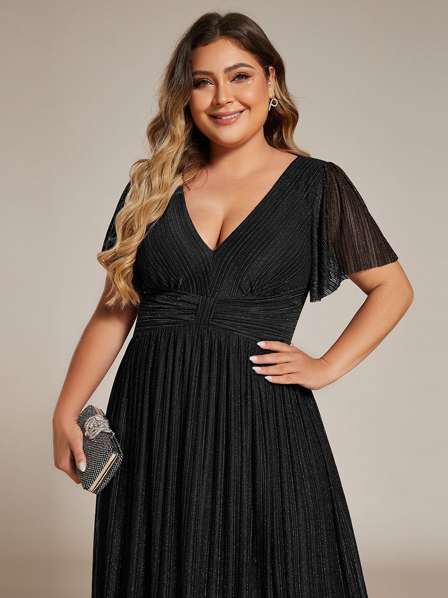 Plus Size Sparkle Short Sleeves Formal Evening Dress with V-Neck #color_Black