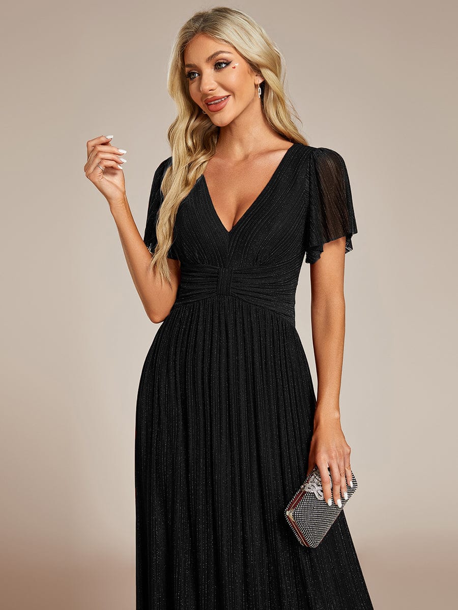 Sparkle Short Sleeves Formal Evening Dress with V-Neck #color_Black