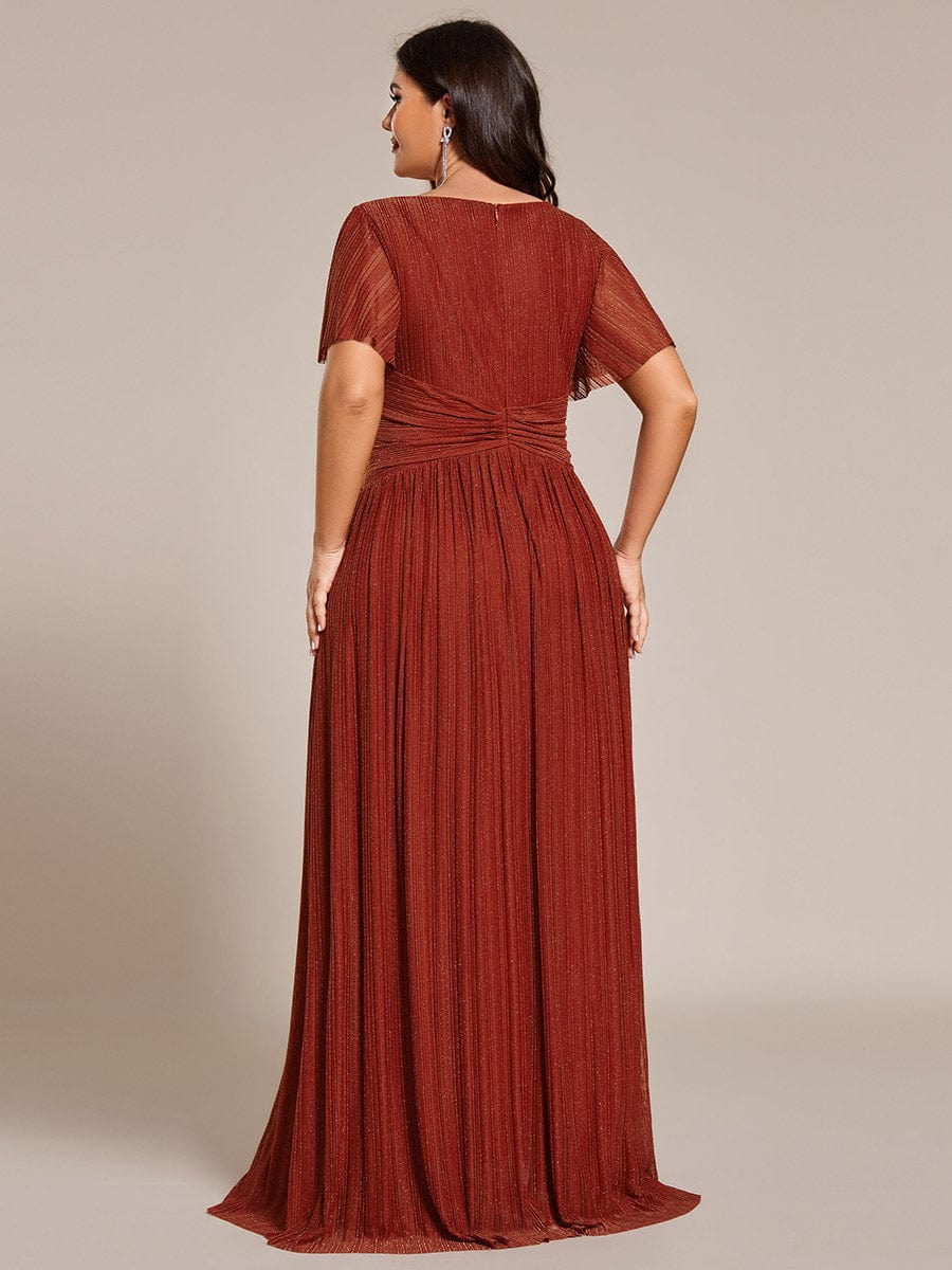 Plus Size Sparkle Short Sleeves Formal Evening Dress with V-Neck #color_Burnt Orange