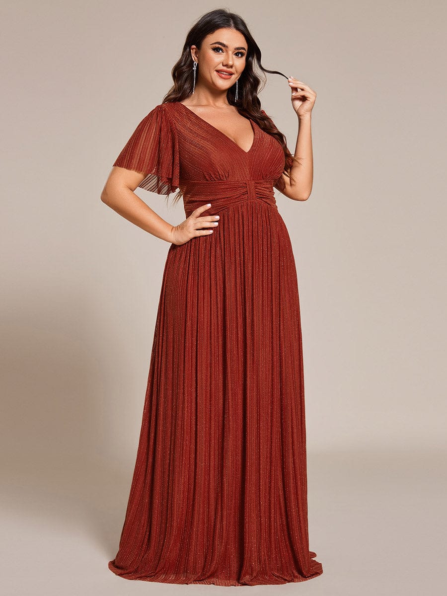 Plus Size Sparkle Short Sleeves Formal Evening Dress with V-Neck #color_Burnt Orange