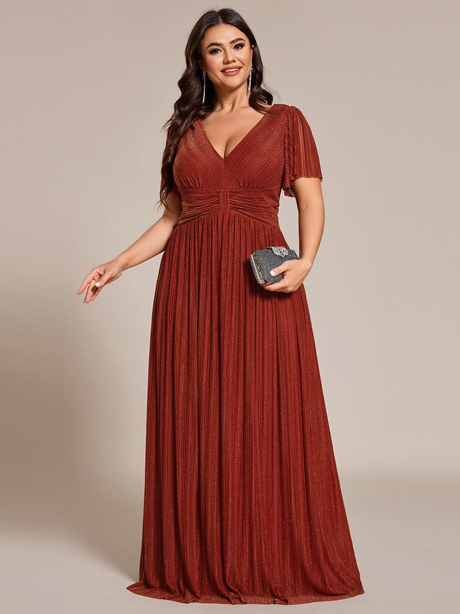 Plus Size Sparkle Short Sleeves Formal Evening Dress with V-Neck #color_Burnt Orange