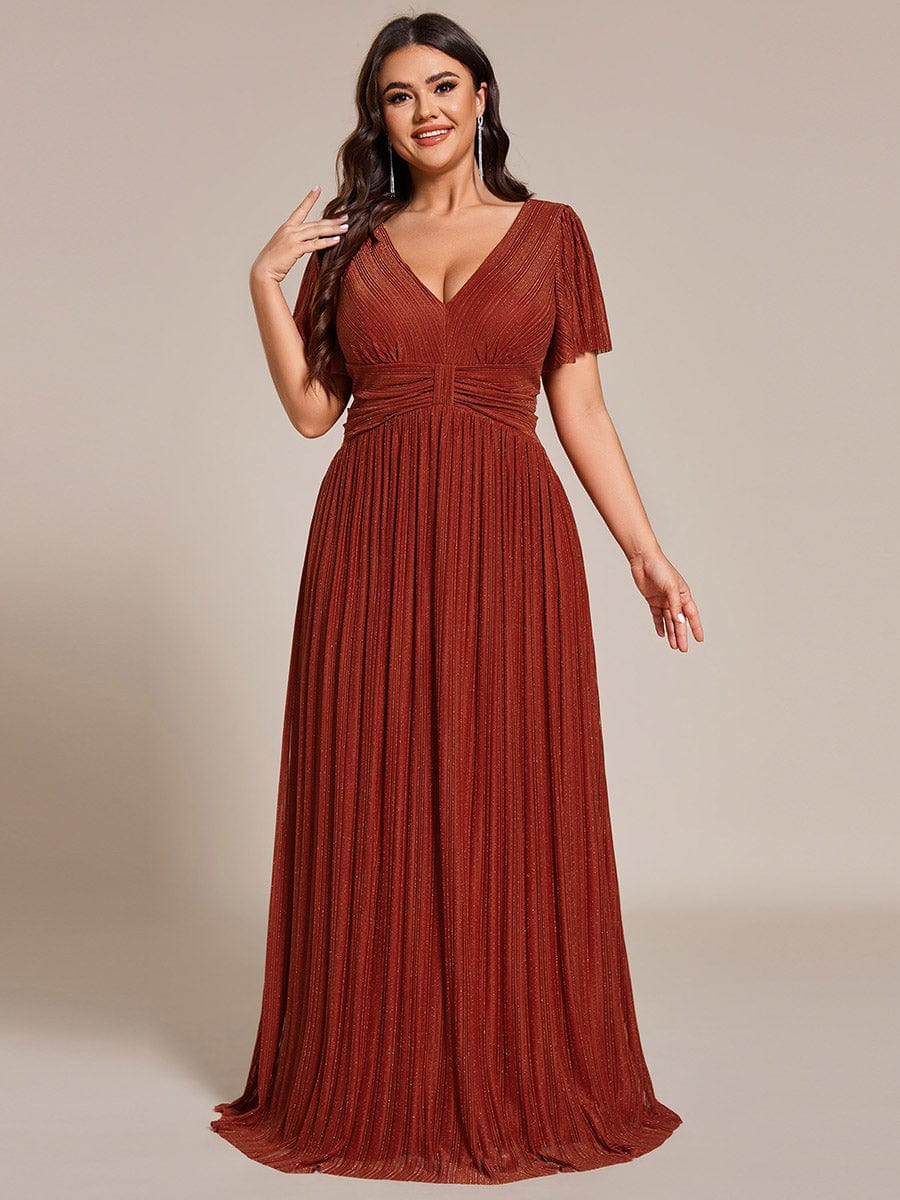 Plus Size Sparkle Short Sleeves Formal Evening Dress with V-Neck #color_Burnt Orange