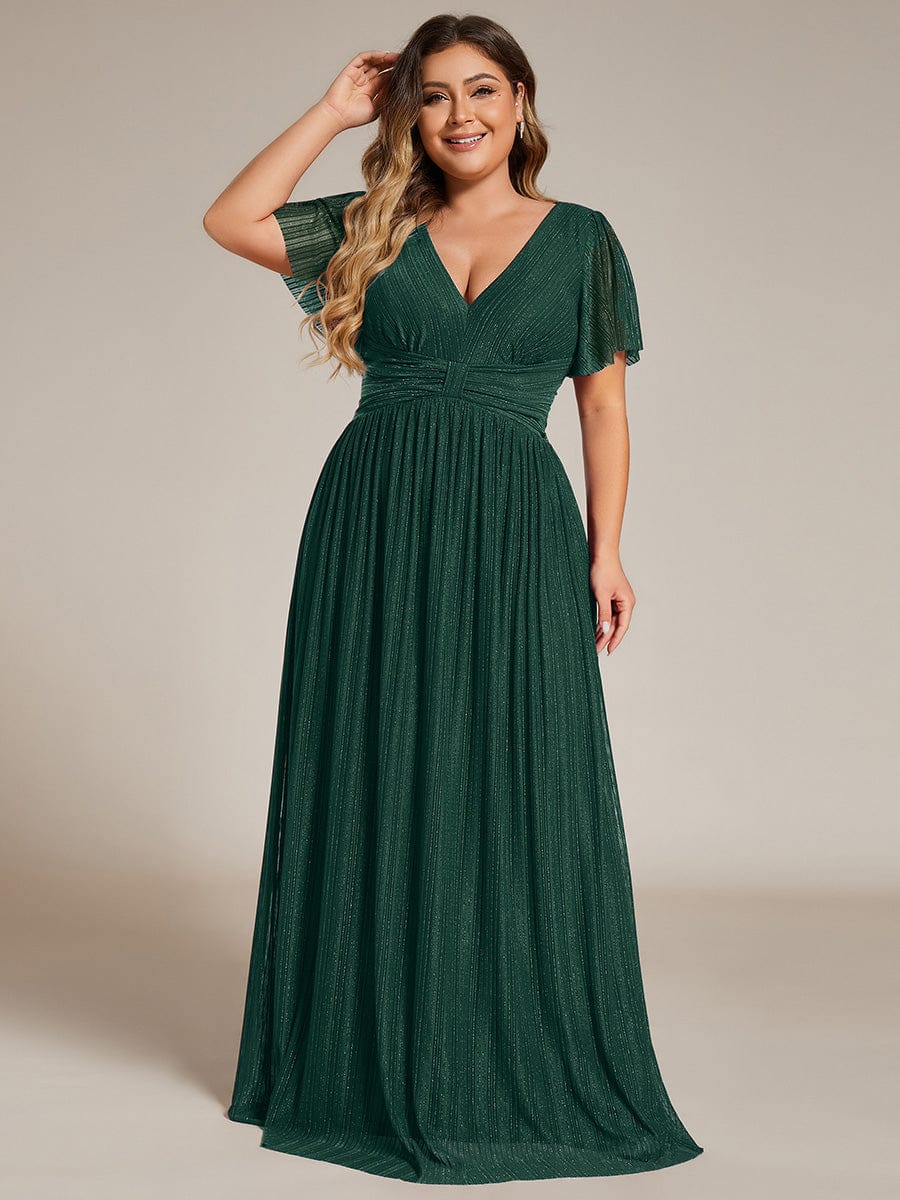 Plus Size Sparkle Short Sleeves Formal Evening Dress with V-Neck #color_Dark Green