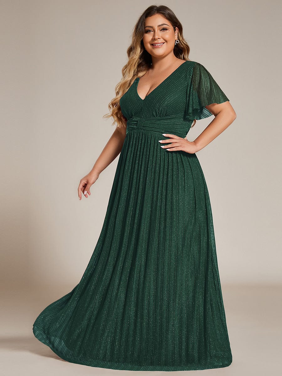 Plus Size Sparkle Short Sleeves Formal Evening Dress with V-Neck #color_Dark Green