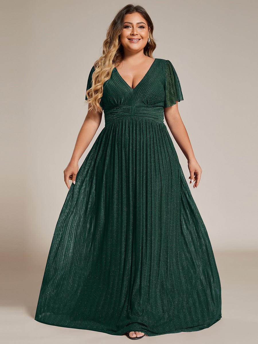 Plus Size Sparkle Short Sleeves Formal Evening Dress with V-Neck #color_Dark Green