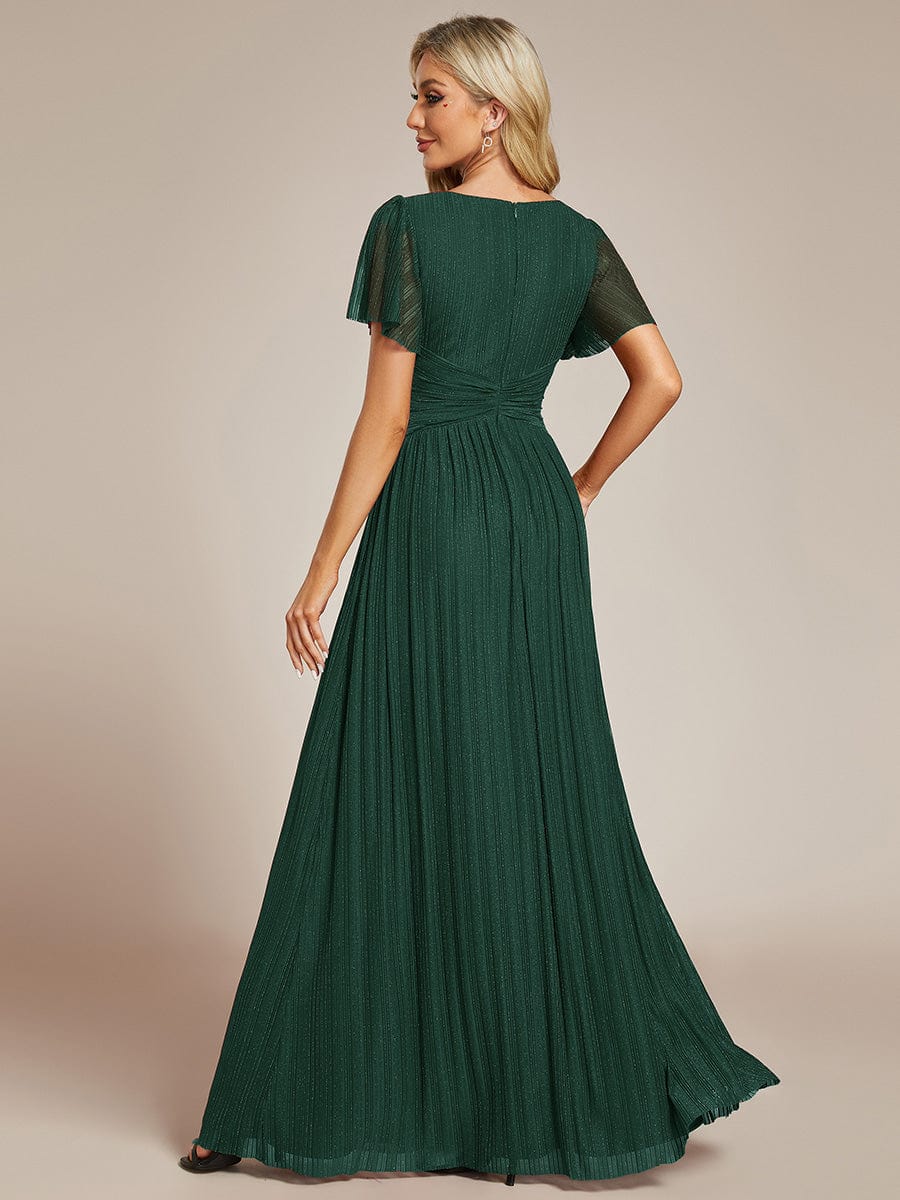 Sparkle Short Sleeves Formal Evening Dress with V-Neck #color_Dark Green