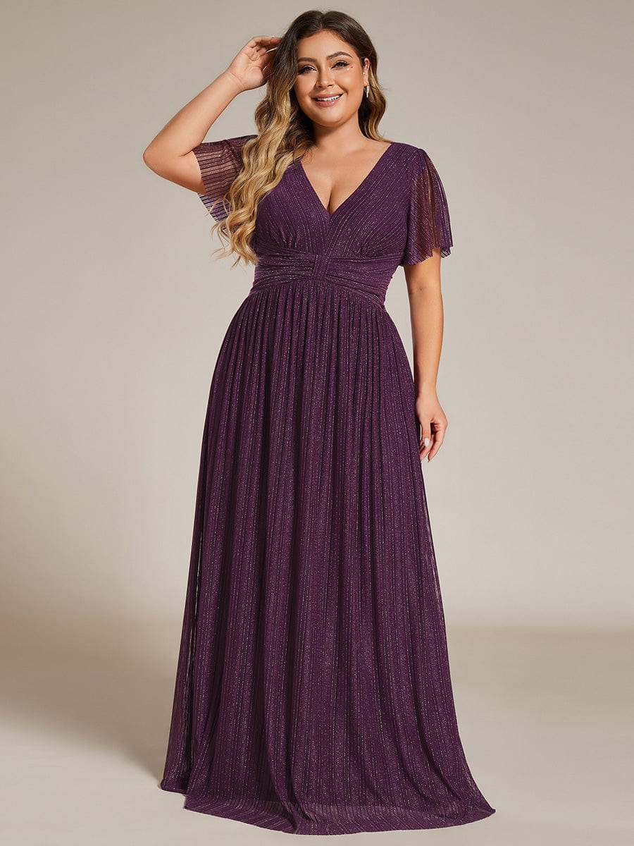 Plus Size Sparkle Short Sleeves Formal Evening Dress with V-Neck #color_Purple Wisteria