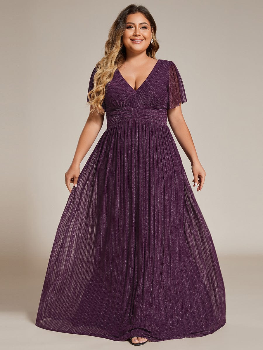 Plus Size Sparkle Short Sleeves Formal Evening Dress with V-Neck #color_Purple Wisteria
