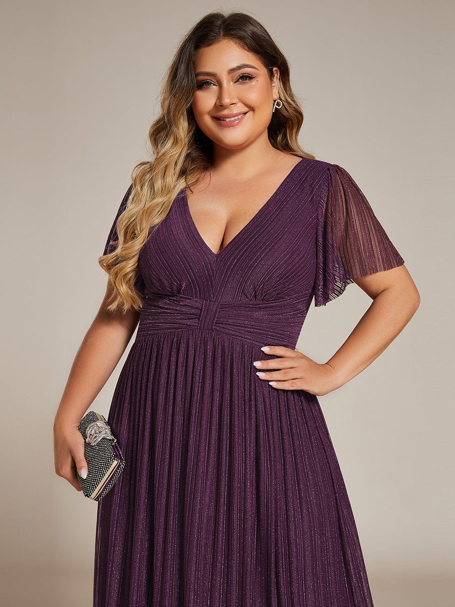 Plus Size Sparkle Short Sleeves Formal Evening Dress with V-Neck #color_Purple Wisteria