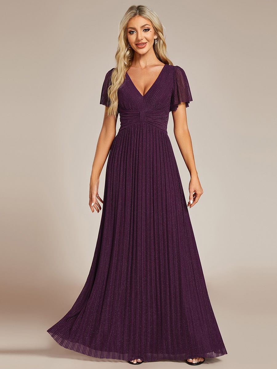 Sparkle Short Sleeves Formal Evening Dress with V-Neck #color_Purple Wisteria