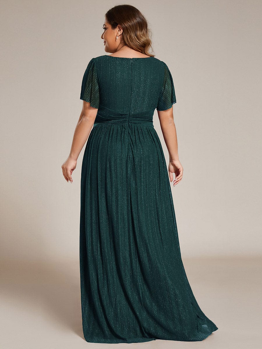 Plus Size Sparkle Short Sleeves Formal Evening Dress with V-Neck #color_Teal