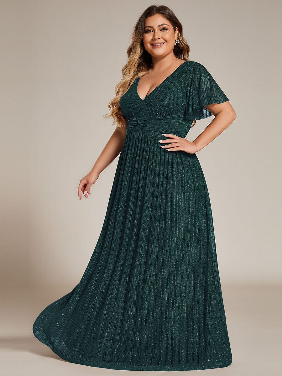 Plus Size Sparkle Short Sleeves Formal Evening Dress with V-Neck #color_Teal