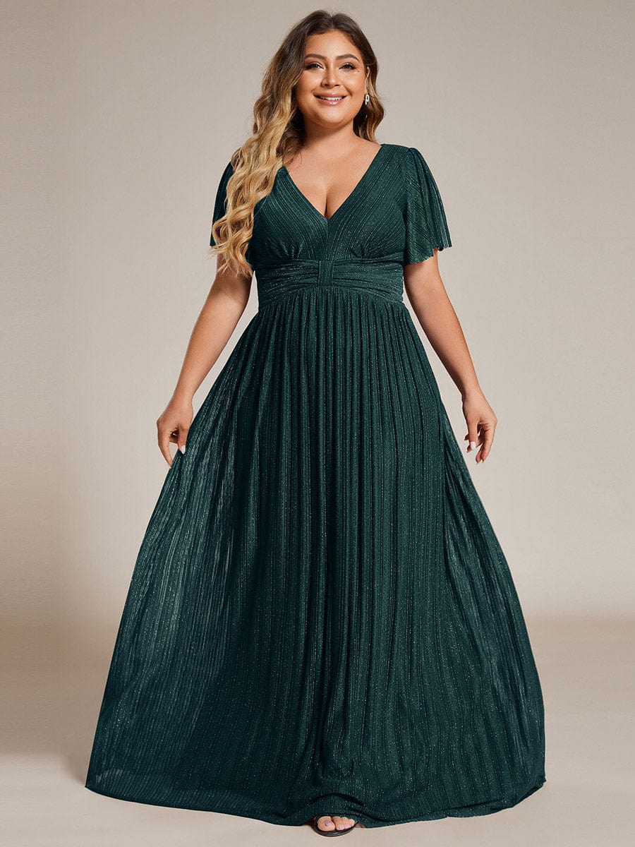 Plus Size Sparkle Short Sleeves Formal Evening Dress with V-Neck #color_Teal