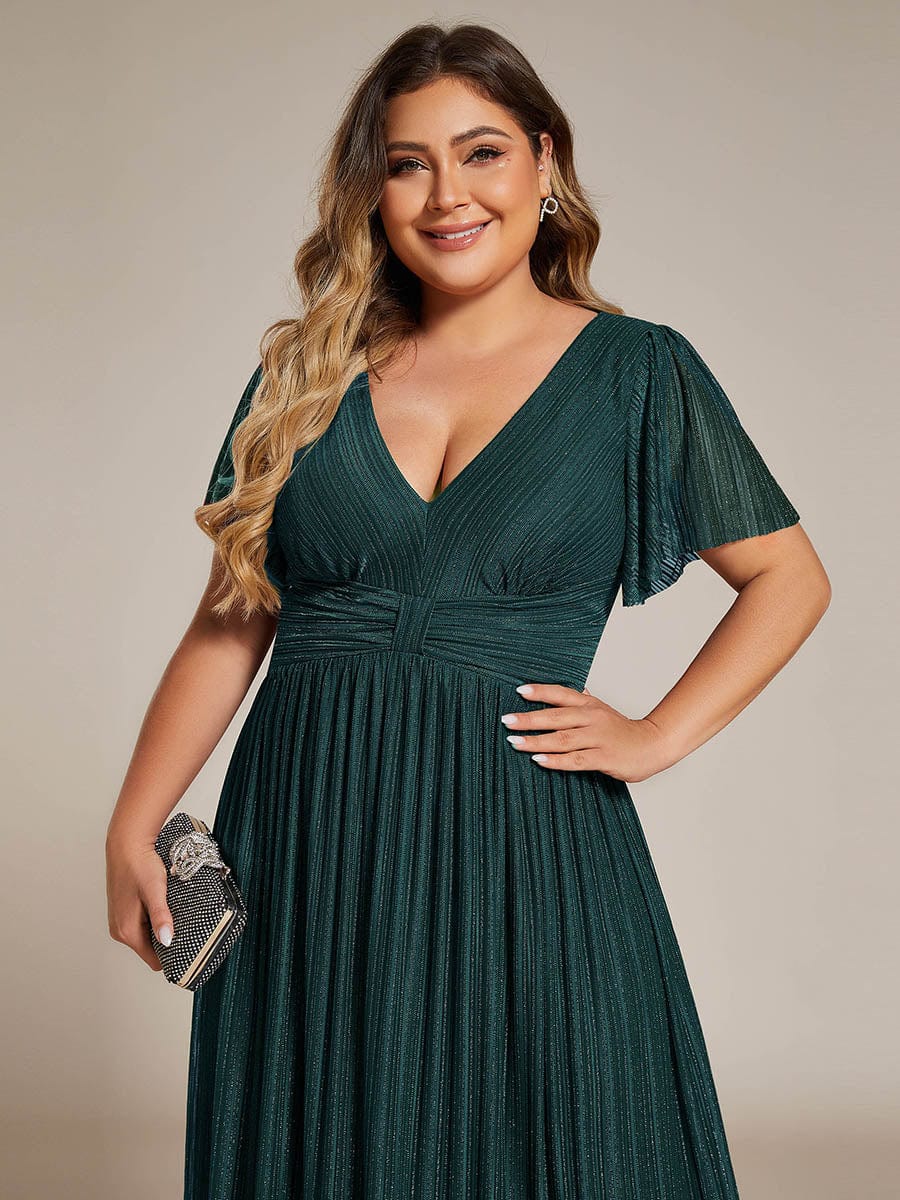 Plus Size Sparkle Short Sleeves Formal Evening Dress with V-Neck #color_Teal