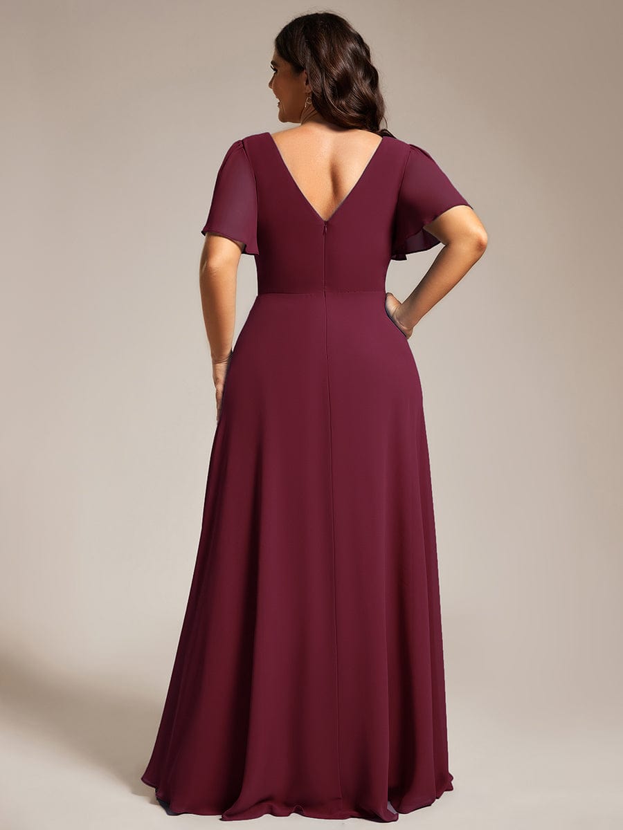 Chiffon A-Line Pleated Evening Dress with Short Sleeves and Sequin Waist #color_Burgundy