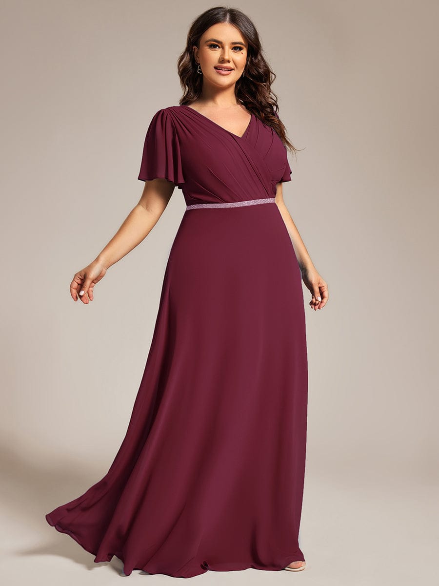 Chiffon A-Line Pleated Evening Dress with Short Sleeves and Sequin Waist #color_Burgundy