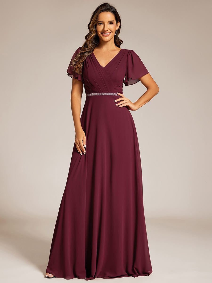 Chiffon A-Line Pleated Evening Dress with Short Sleeves and Sequin Waist #color_Burgundy