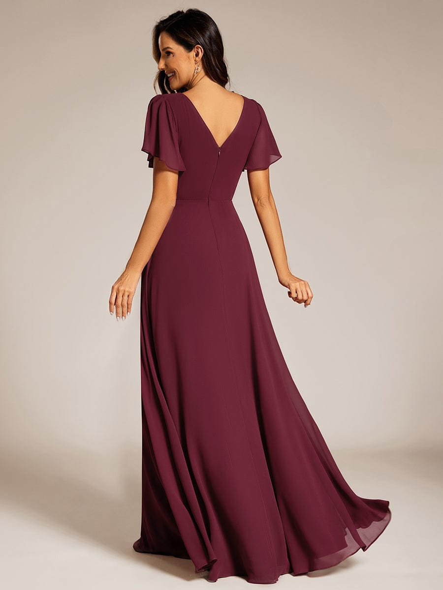 Chiffon A-Line Pleated Evening Dress with Short Sleeves and Sequin Waist #color_Burgundy