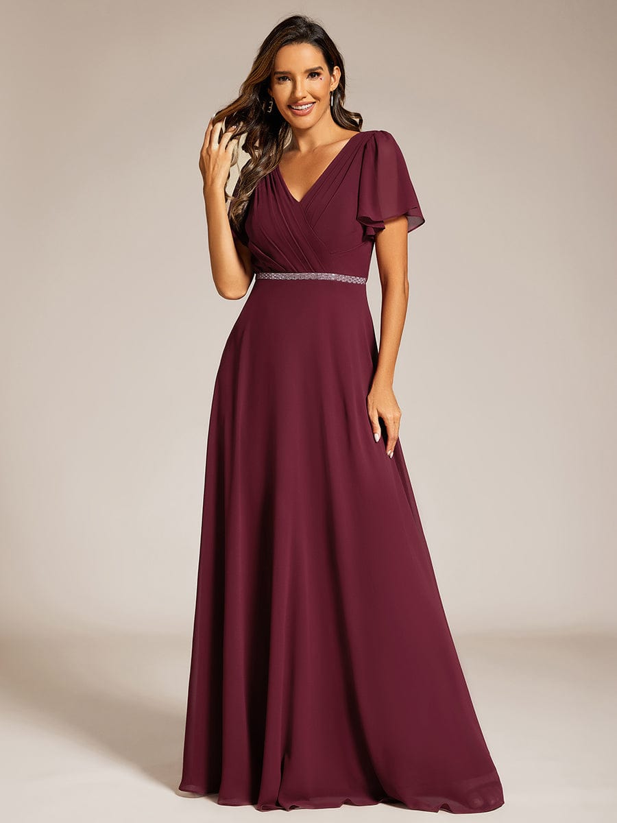 Chiffon A-Line Pleated Evening Dress with Short Sleeves and Sequin Waist #color_Burgundy