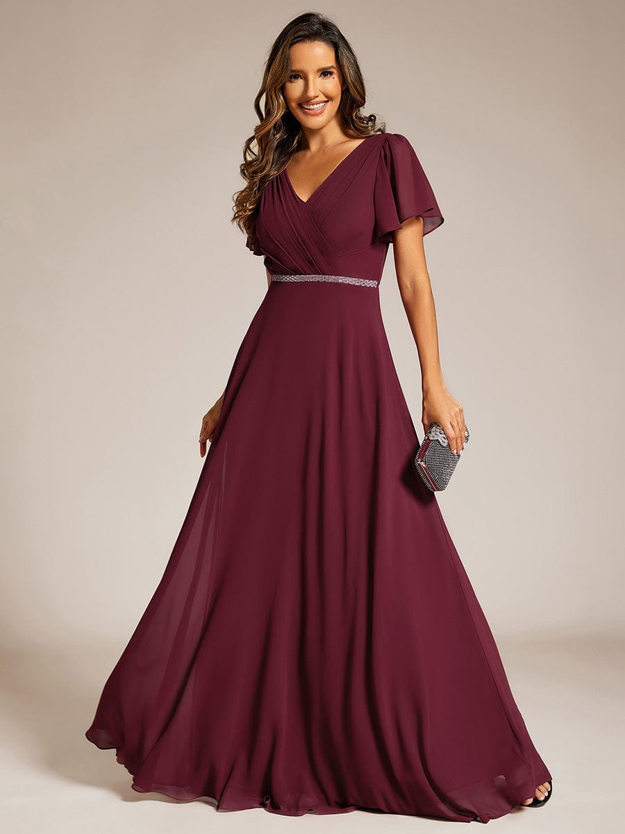 Chiffon A-Line Pleated Evening Dress with Short Sleeves and Sequin Waist #color_Burgundy