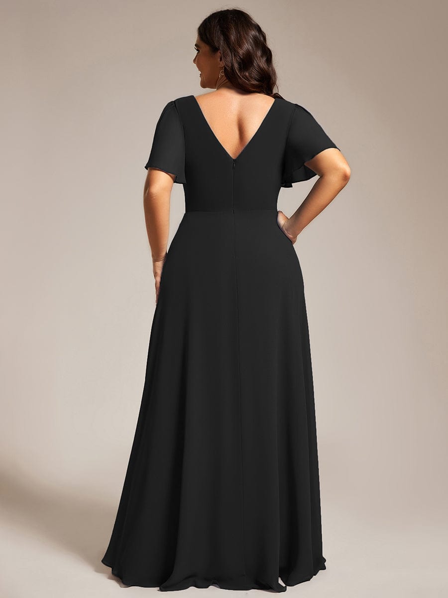 Chiffon A-Line Pleated Evening Dress with Short Sleeves and Sequin Waist #color_Black