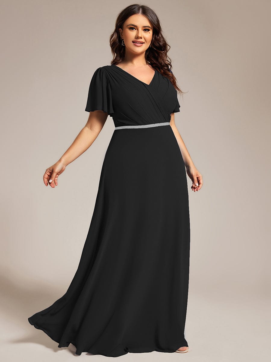 Chiffon A-Line Pleated Evening Dress with Short Sleeves and Sequin Waist #color_Black