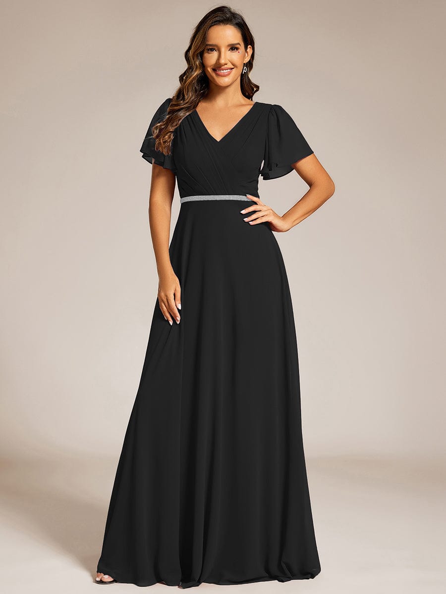 Chiffon A-Line Pleated Evening Dress with Short Sleeves and Sequin Waist #color_Black