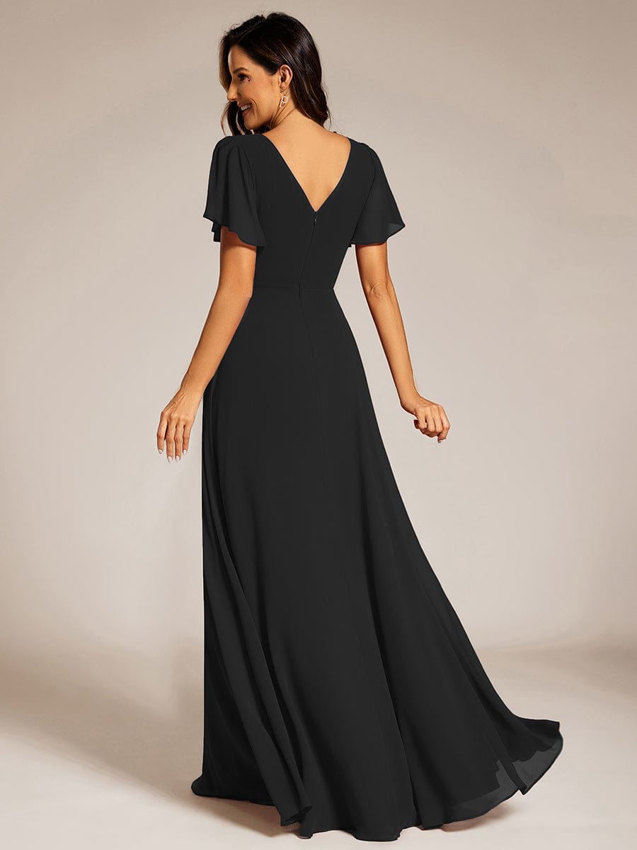 Chiffon A-Line Pleated Evening Dress with Short Sleeves and Sequin Waist #color_Black