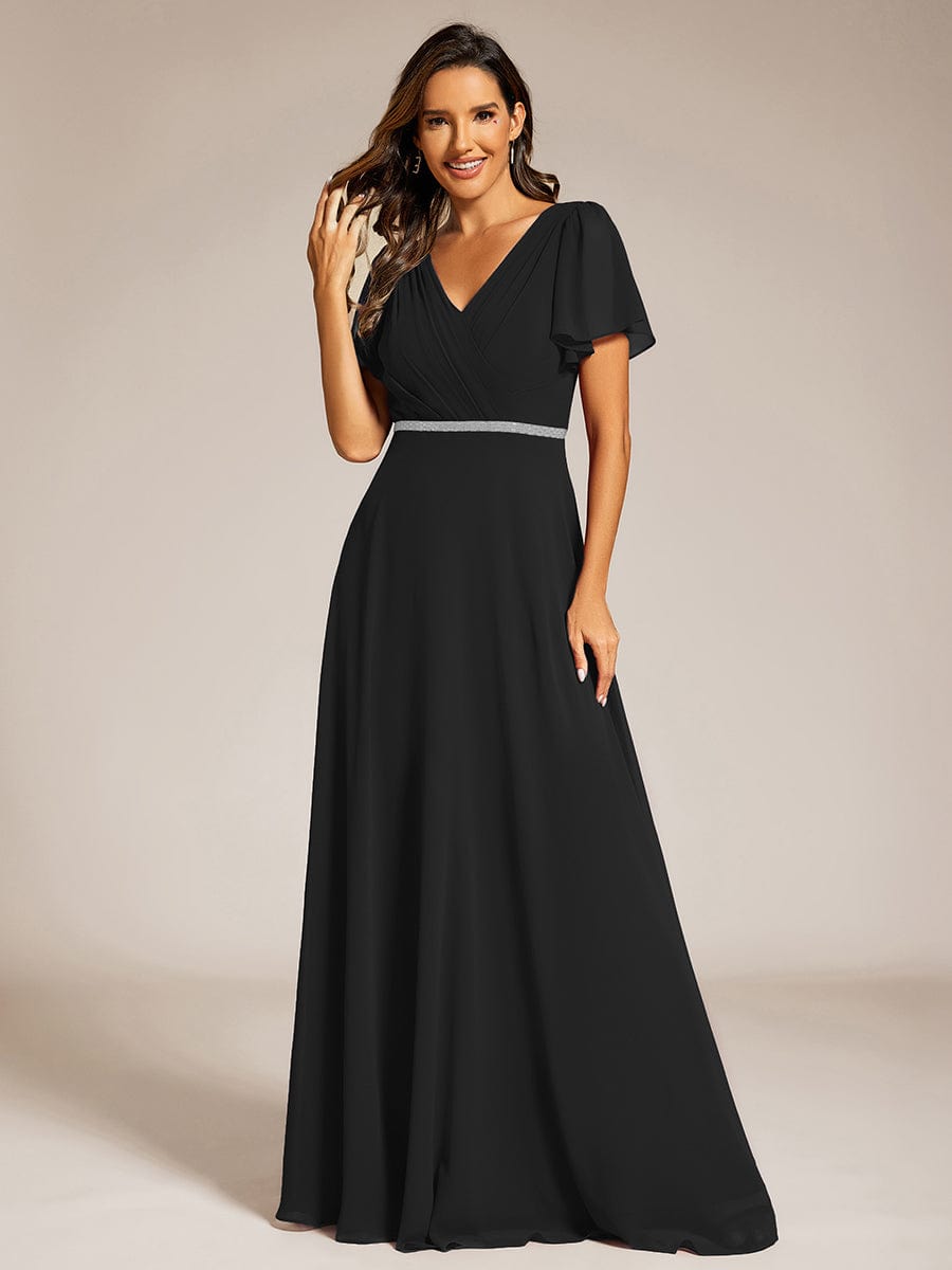 Chiffon A-Line Pleated Evening Dress with Short Sleeves and Sequin Waist #color_Black