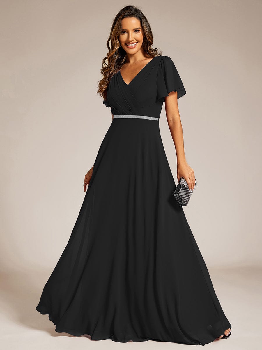 Chiffon A-Line Pleated Evening Dress with Short Sleeves and Sequin Waist #color_Black