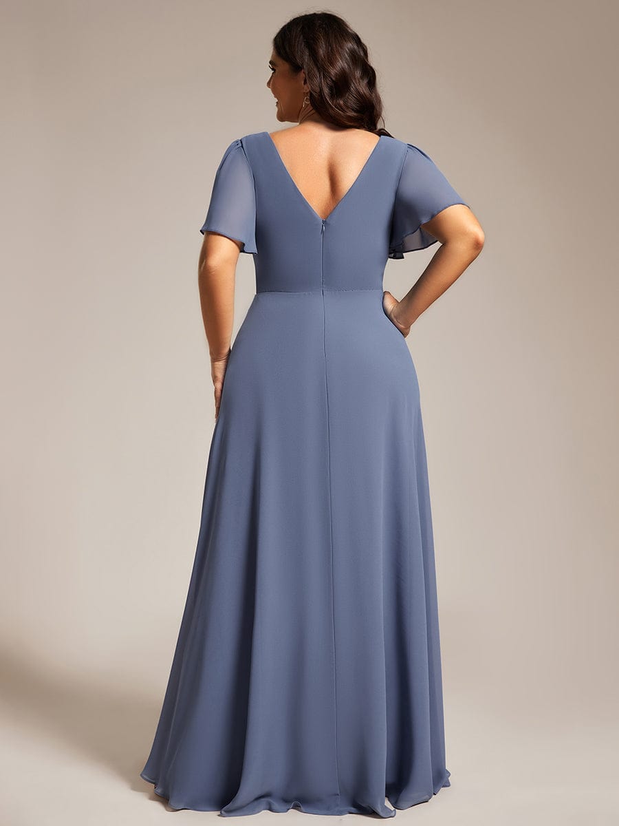 Chiffon A-Line Pleated Evening Dress with Short Sleeves and Sequin Waist #color_Dusty Navy