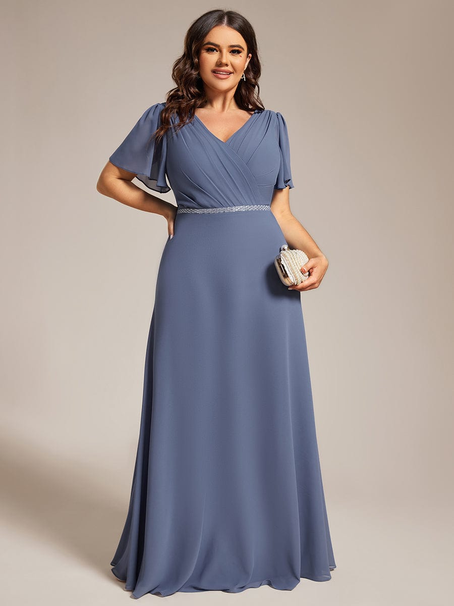 Chiffon A-Line Pleated Evening Dress with Short Sleeves and Sequin Waist #color_Dusty Blue