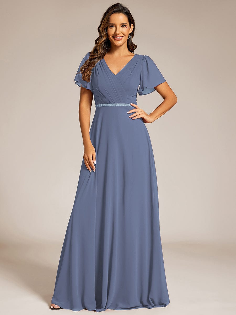 Chiffon A-Line Pleated Evening Dress with Short Sleeves and Sequin Waist #color_Dusty Navy