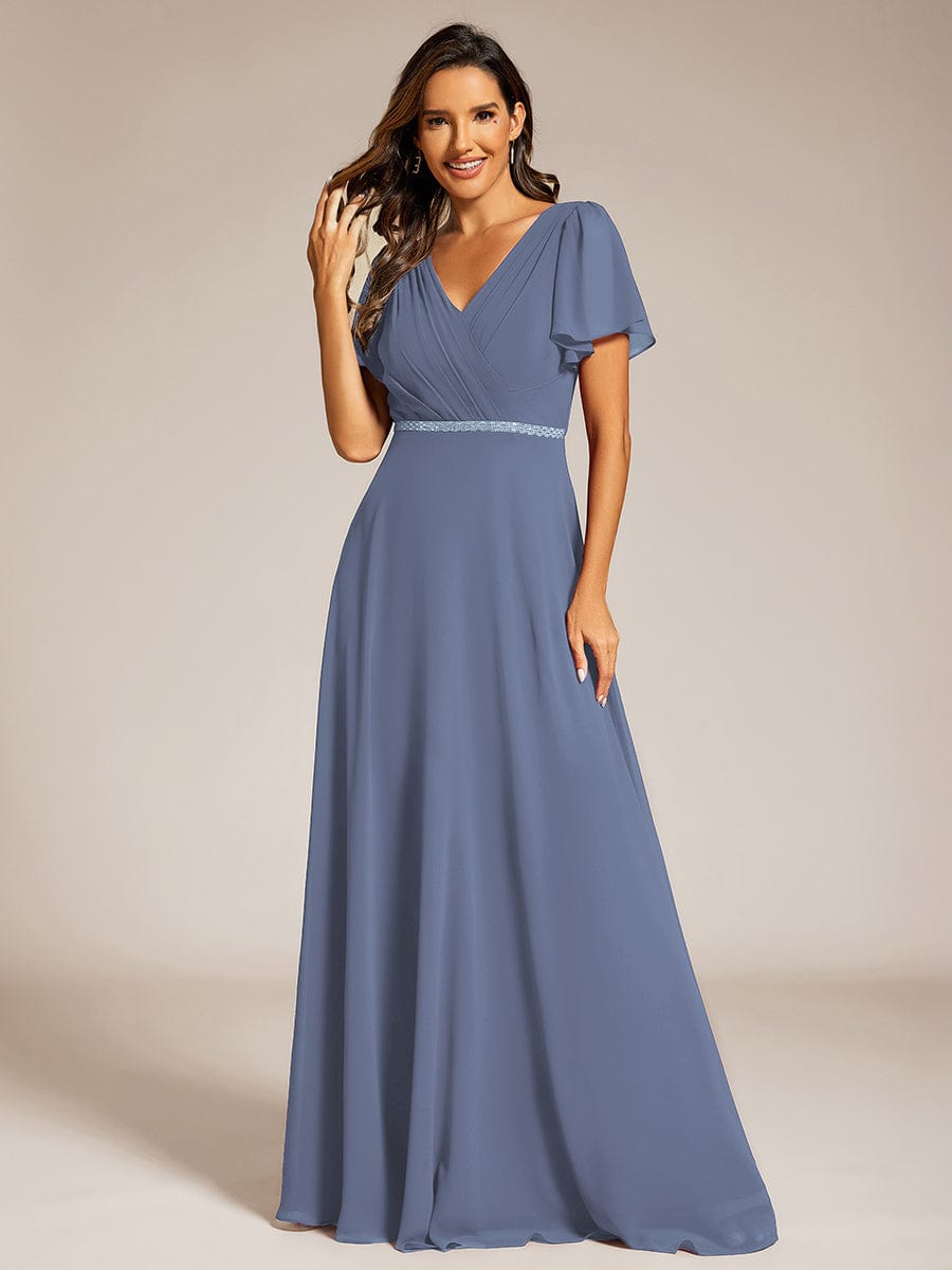 Chiffon A-Line Pleated Evening Dress with Short Sleeves and Sequin Waist #color_Dusty Navy