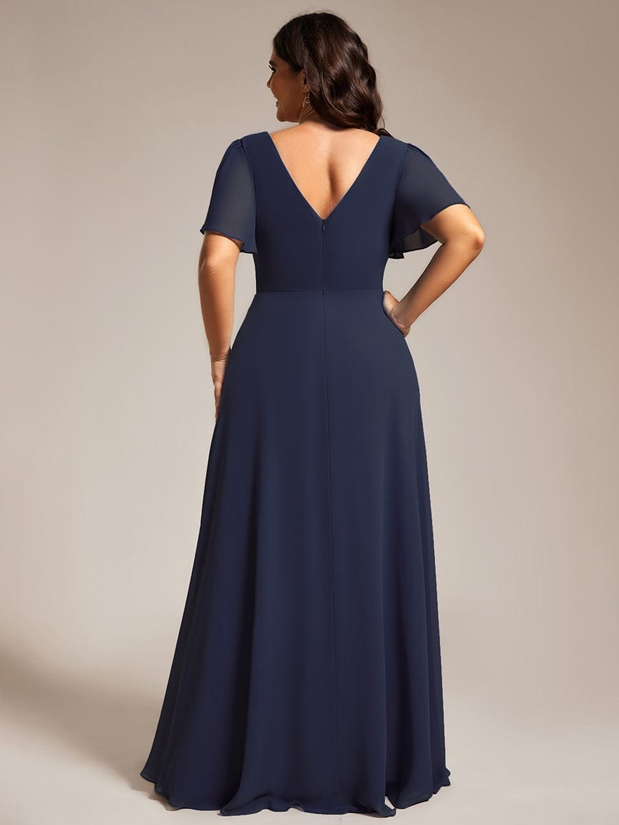 Chiffon A-Line Pleated Evening Dress with Short Sleeves and Sequin Waist #color_Navy Blue