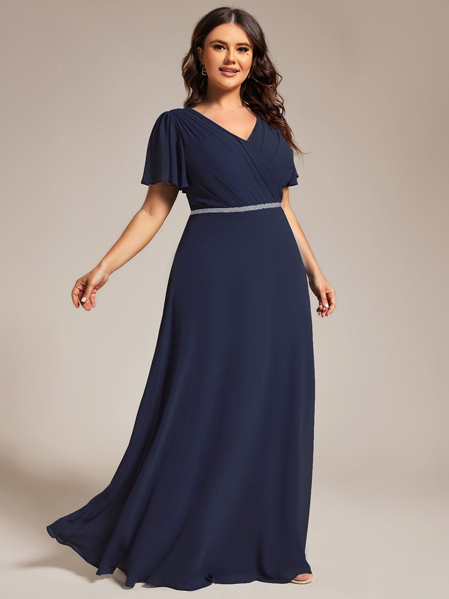 Chiffon A-Line Pleated Evening Dress with Short Sleeves and Sequin Waist #color_Navy Blue