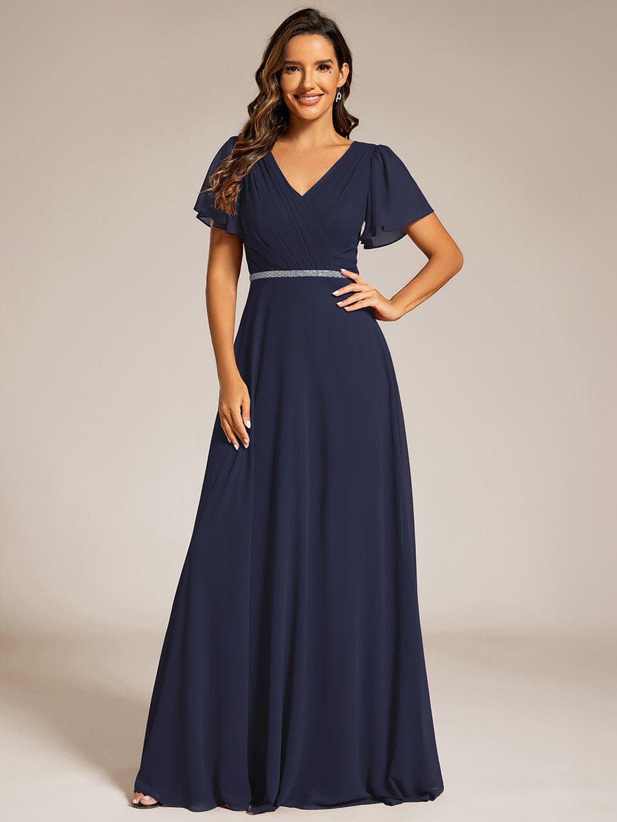 Chiffon A-Line Pleated Evening Dress with Short Sleeves and Sequin Waist #color_Navy Blue