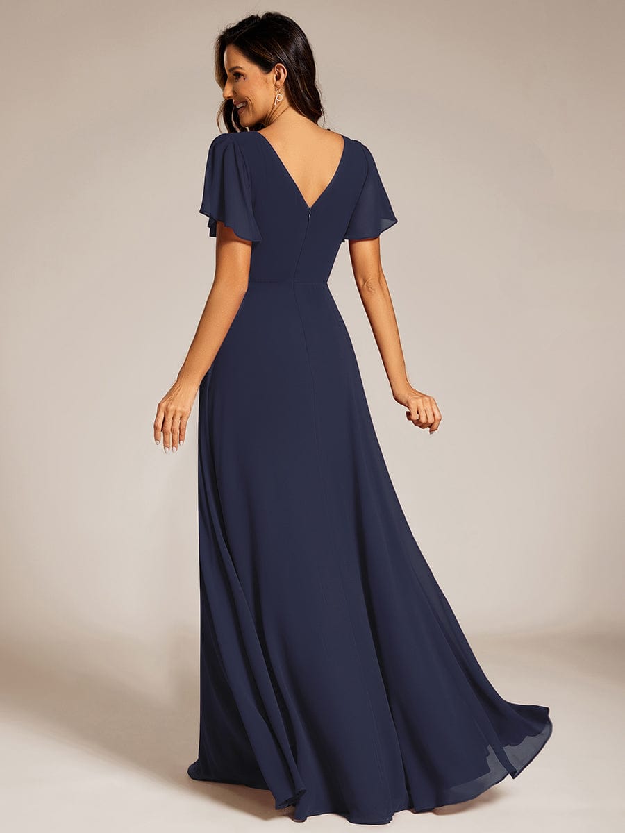 Chiffon A-Line Pleated Evening Dress with Short Sleeves and Sequin Waist #color_Navy Blue