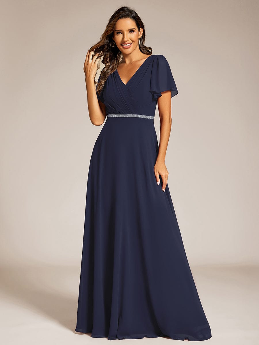 Chiffon A-Line Pleated Evening Dress with Short Sleeves and Sequin Waist #color_Navy Blue