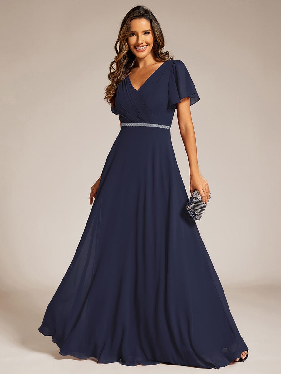 Chiffon A-Line Pleated Evening Dress with Short Sleeves and Sequin Waist #color_Navy Blue