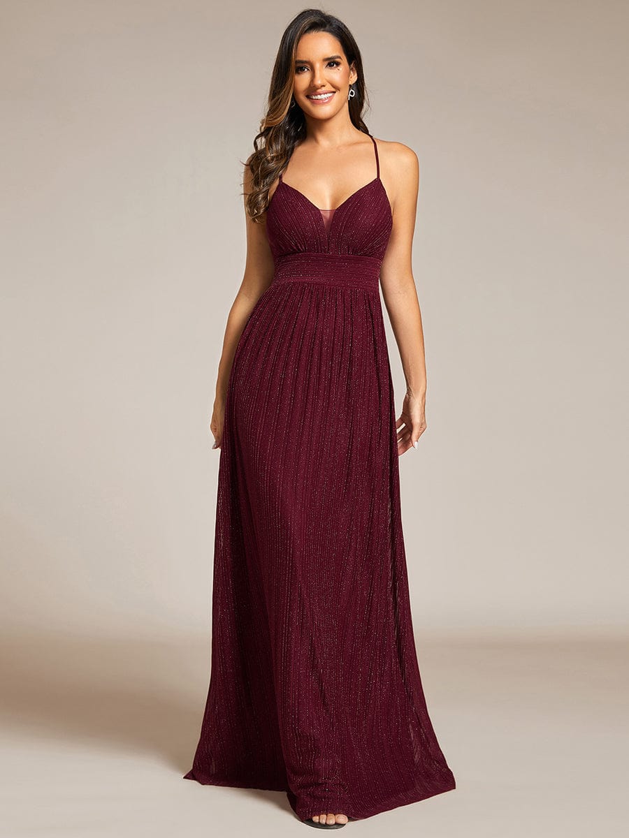 V-Neck Glittery Spaghetti Straps Backless Formal Evening Dress #color_Burgundy